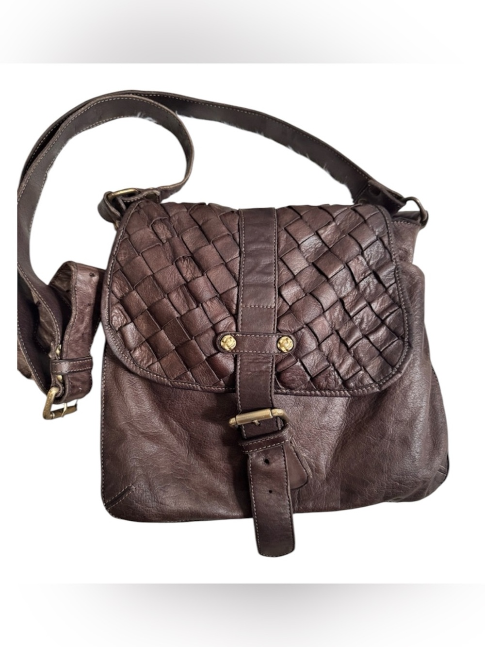 Civico 93 Woven Distressed Leather Crossbody Bag in Dark Brown